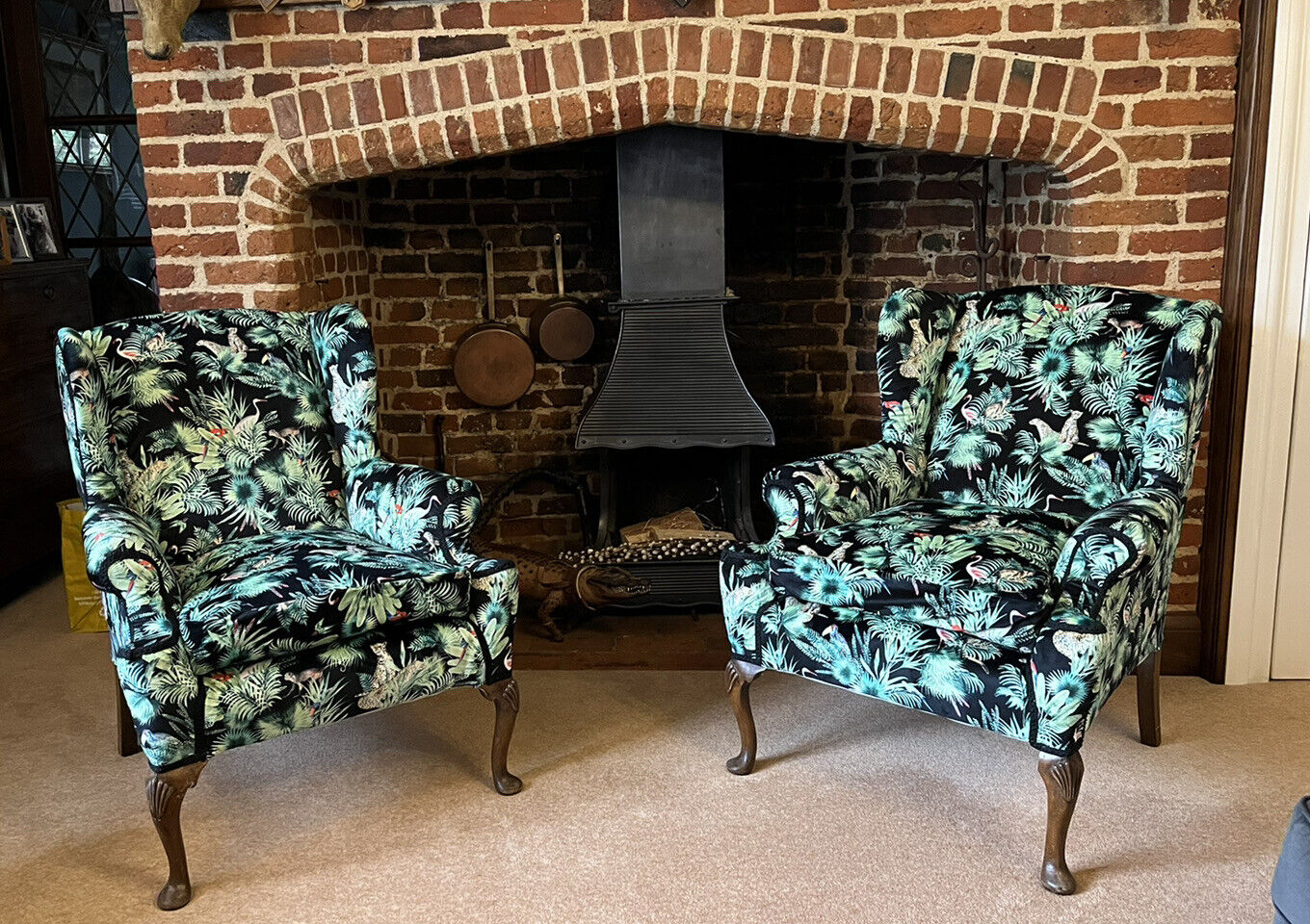 Library Armchairs Newly Upholstered In Birds And Wild Animals Of Paradise