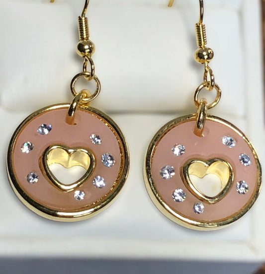 Vintage 1980s Gold Plated Pink Heart Diamanté Drop Earrings