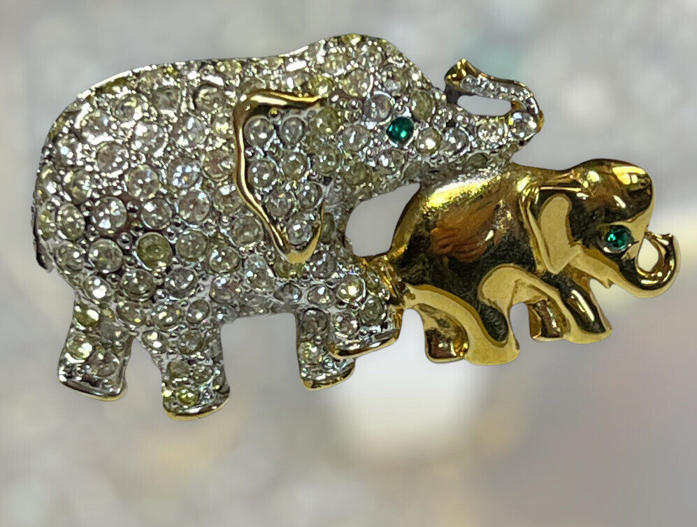 Vintage Gold Tone Diamanté Elephant And Calf Brooch