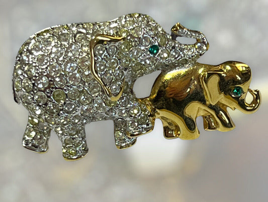 Vintage Gold Tone Diamanté Elephant And Calf Brooch