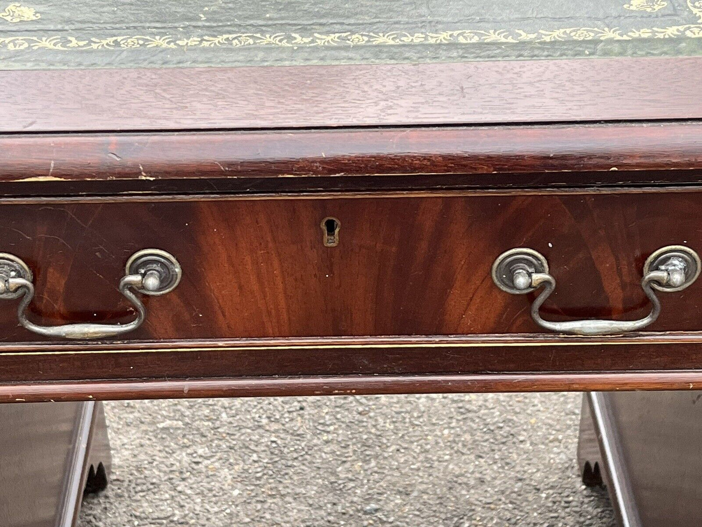 Pedestal Desk In Flame Veneer Mahogany With Green Leather Top.