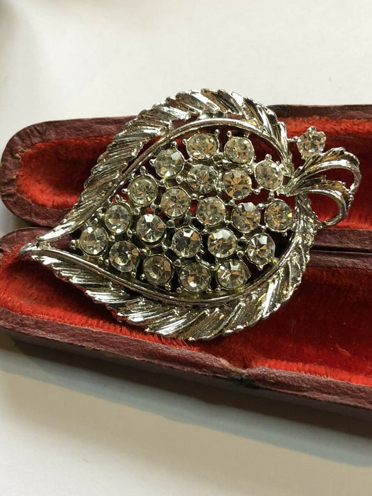 Vintage Silver Tone Diamanté Leaf Brooch