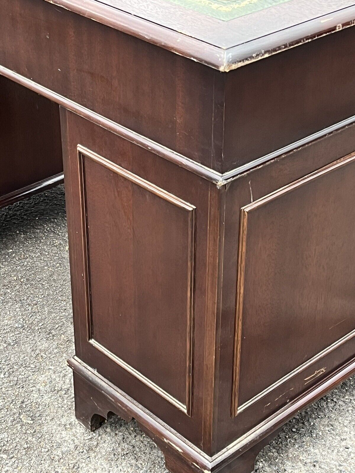 Pedestal Desk In Flame Veneer Mahogany With Green Leather Top.