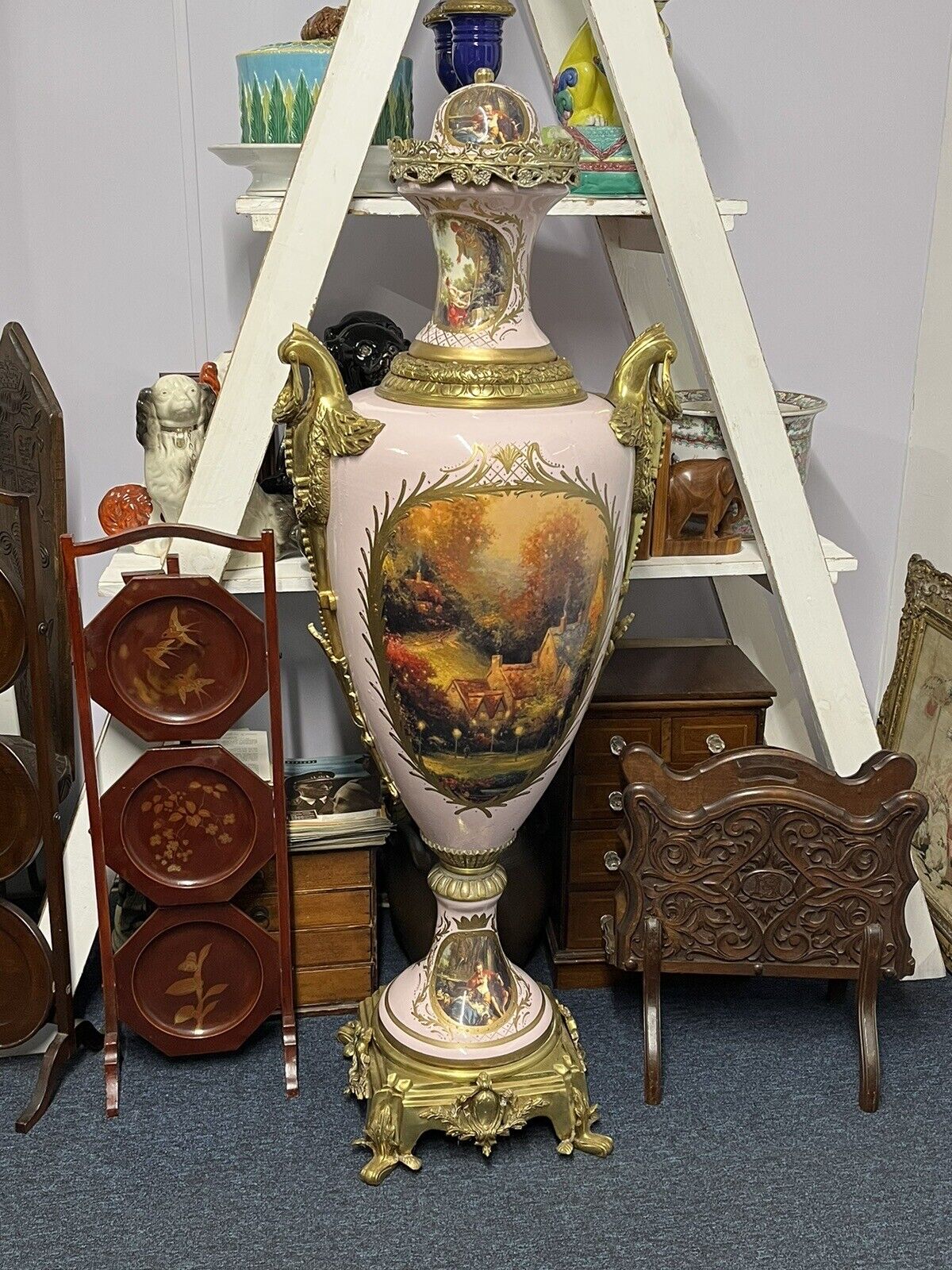 HUGE Freestanding Ormolu Mounted & Porcelain Lidded Urn. 134 Cms Tall.