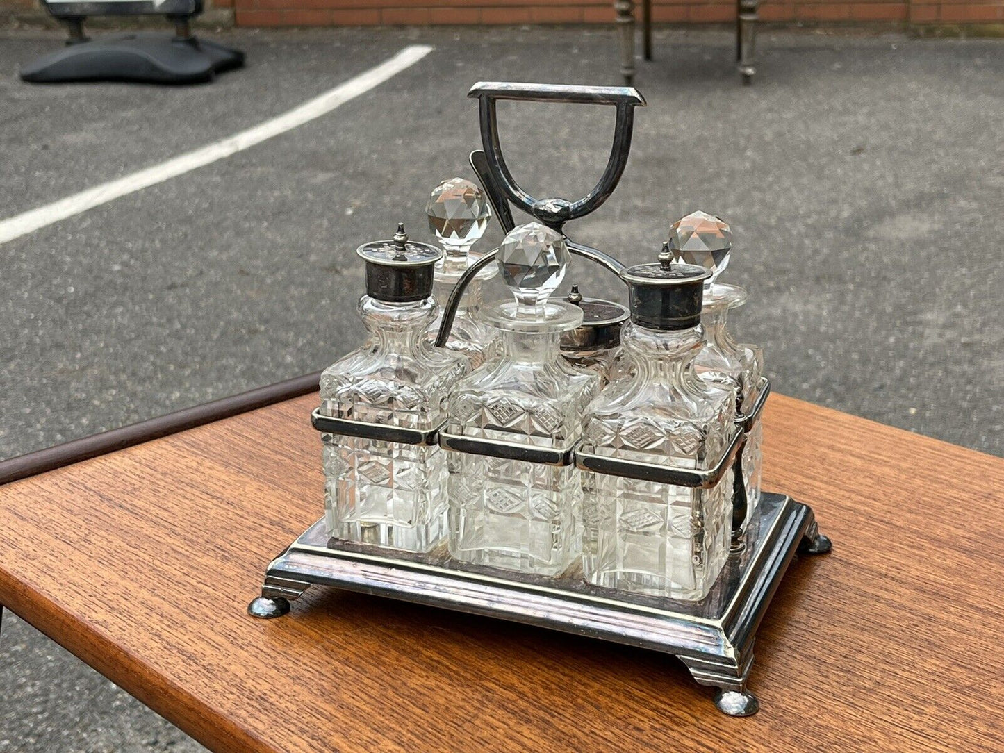 Victorian Silver Plate Cruet Set. Cut Glass Bottles