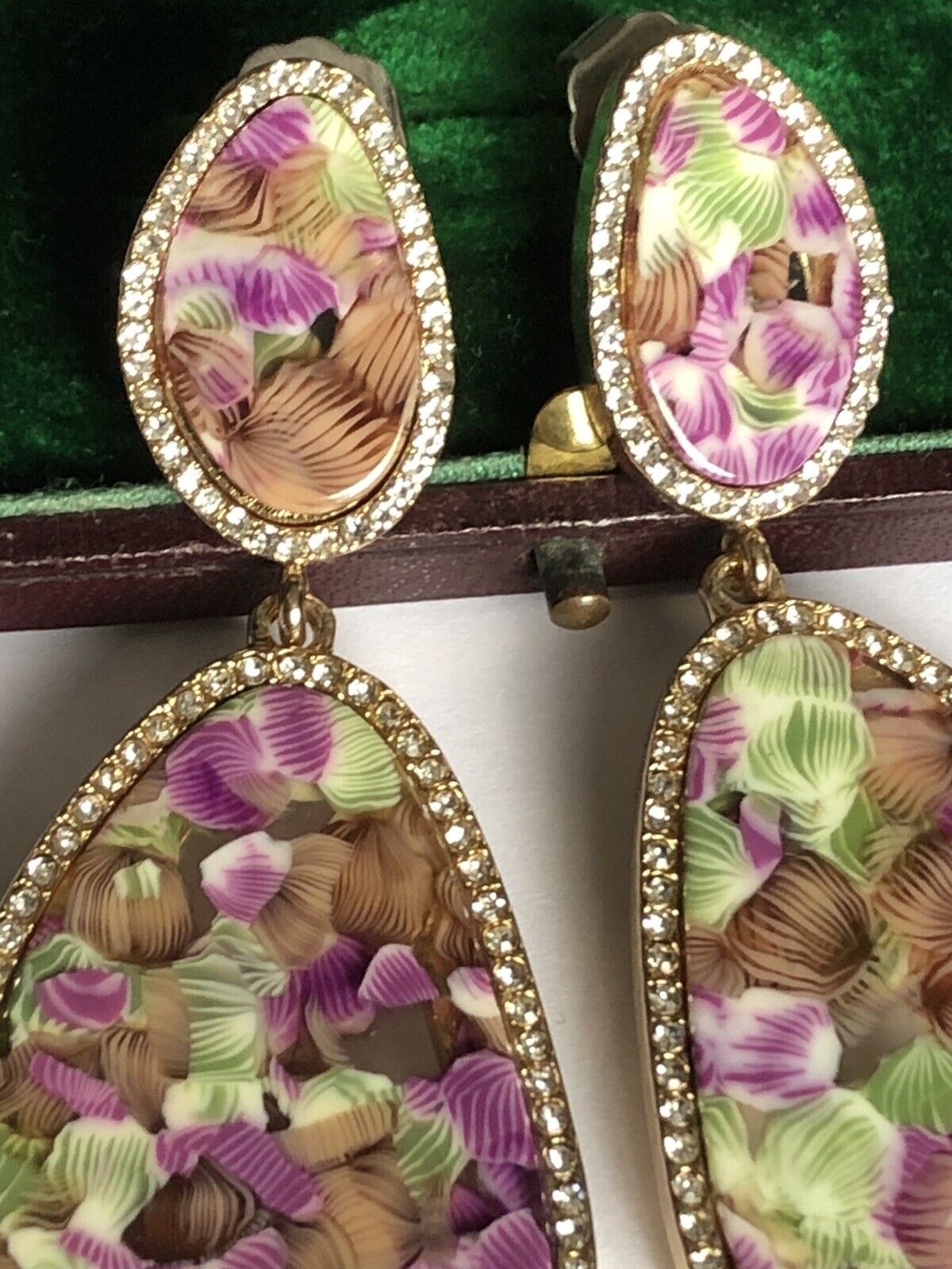 Vintage Statement Pink Green Resin Diamanté Earrings