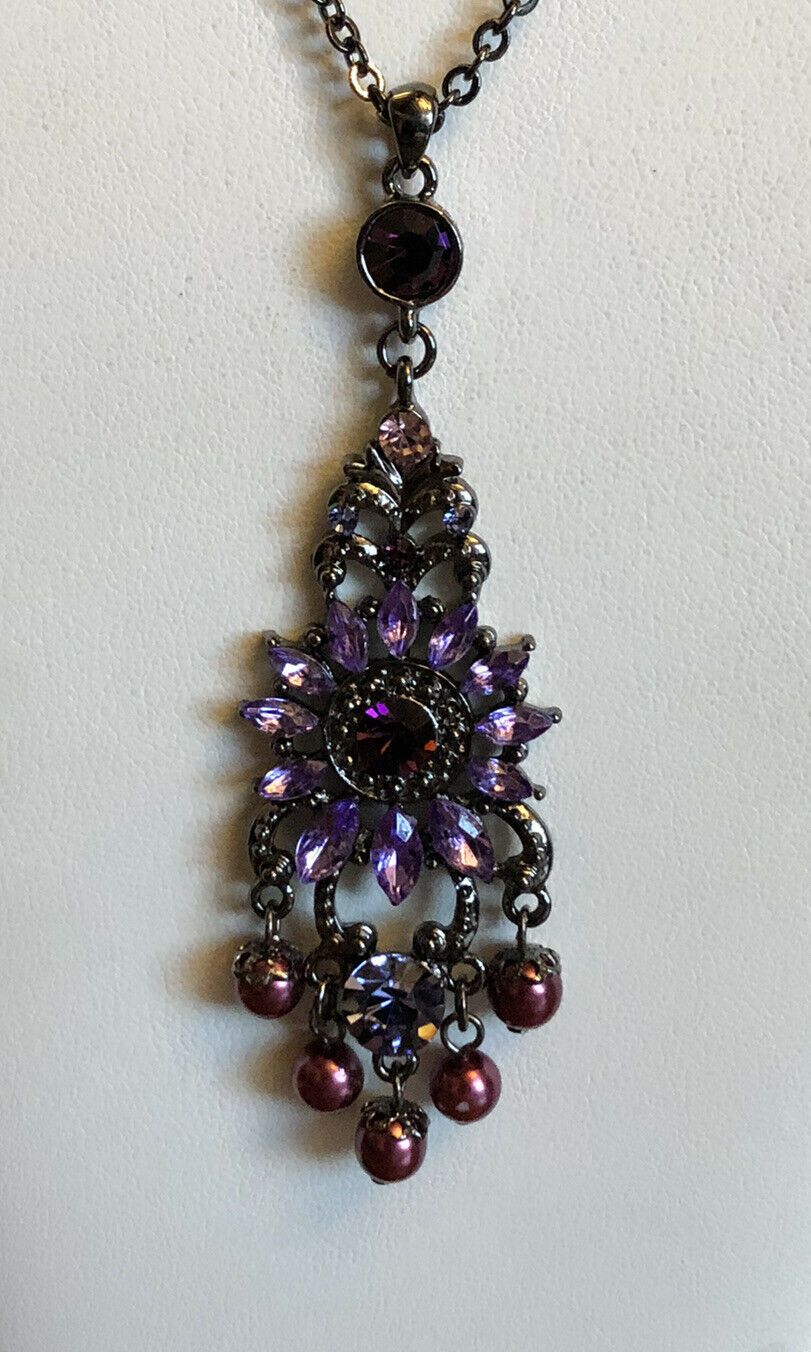 Vintage Purple Diamanté Faux Pearl Drop Necklace