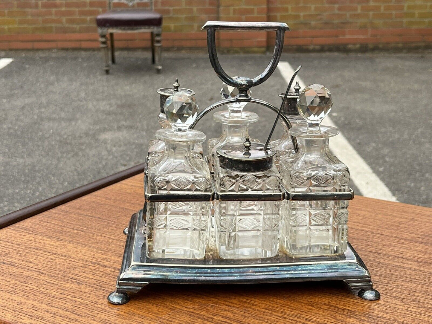 Victorian Silver Plate Cruet Set. Cut Glass Bottles