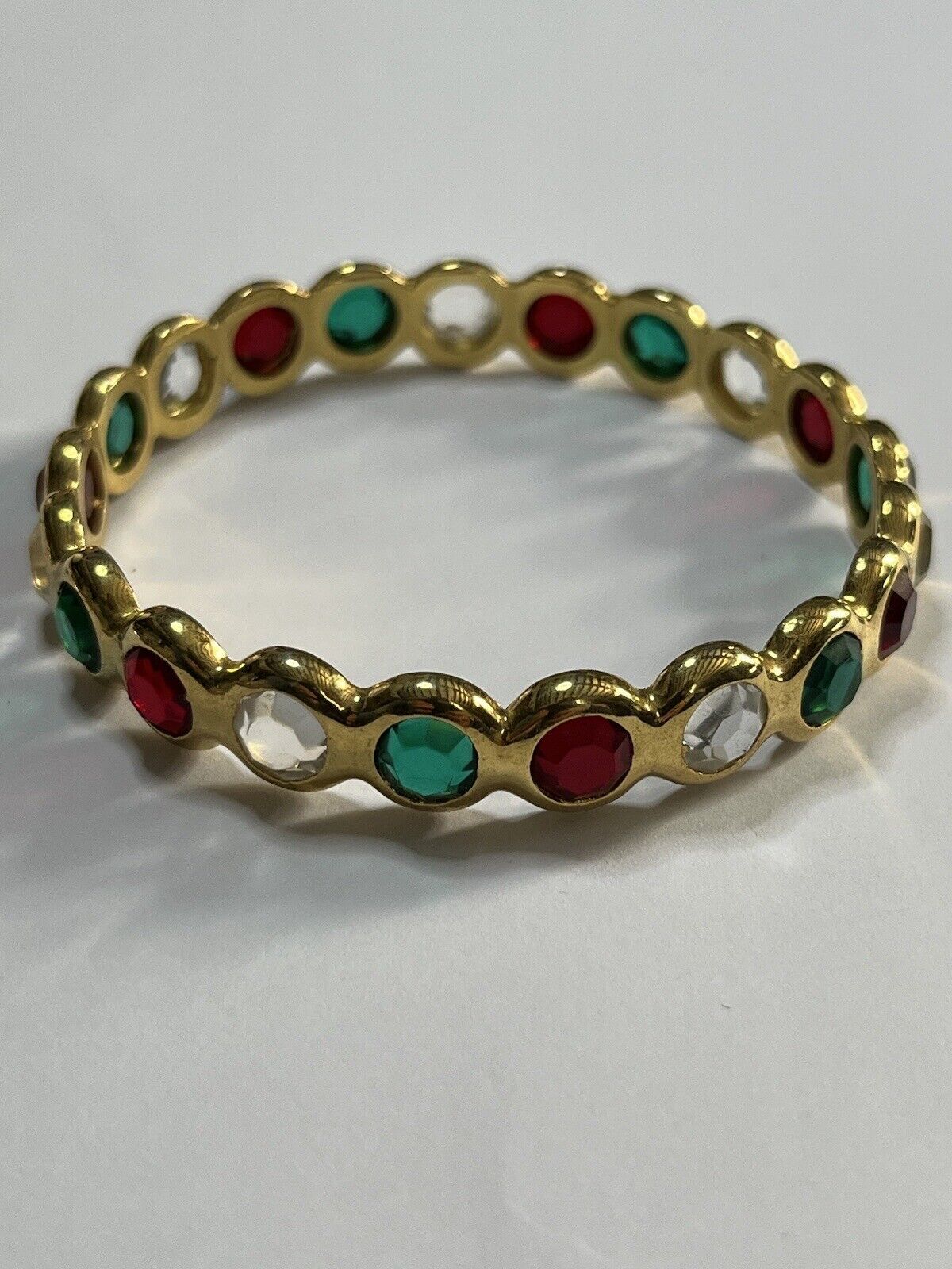 Vintage Gold Tone Red Green Clear Diamanté Inset Bangle