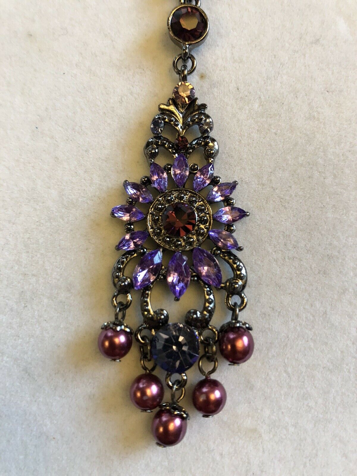 Vintage Purple Diamanté Faux Pearl Drop Necklace