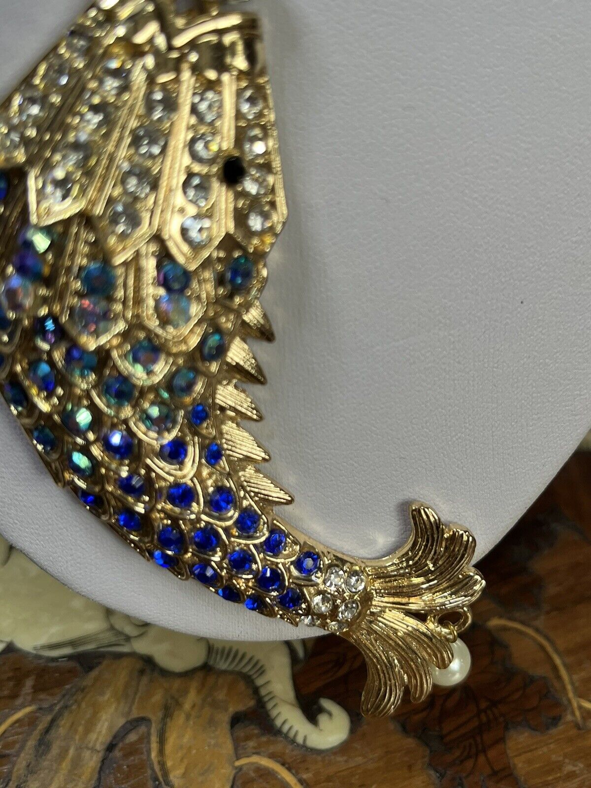 Vintage Gold Tone Blue Diamanté Fish Statement Pendant Necklace