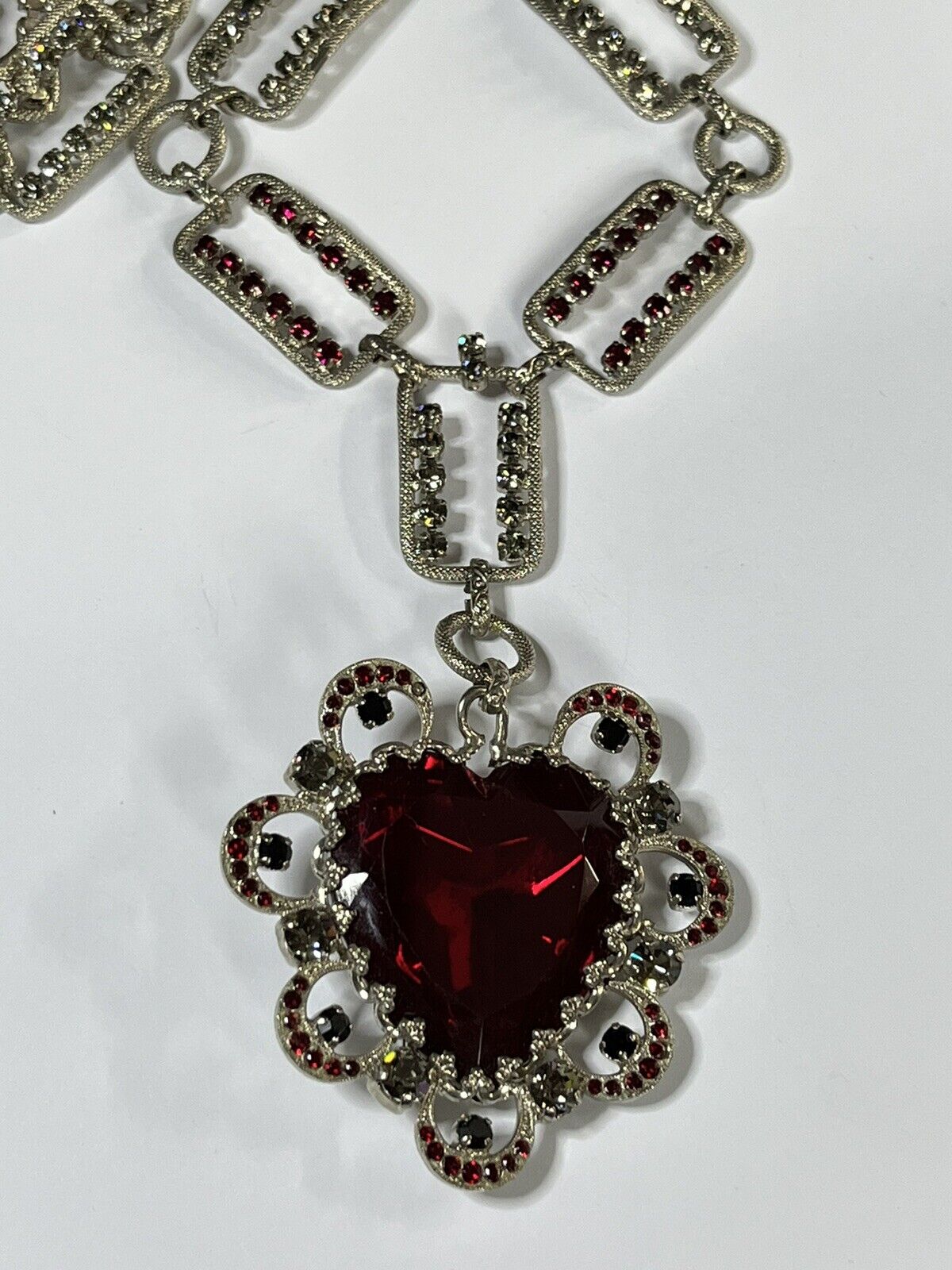 Vintage Statement Runway Red Clear Diamanté Heart On Chain Necklace