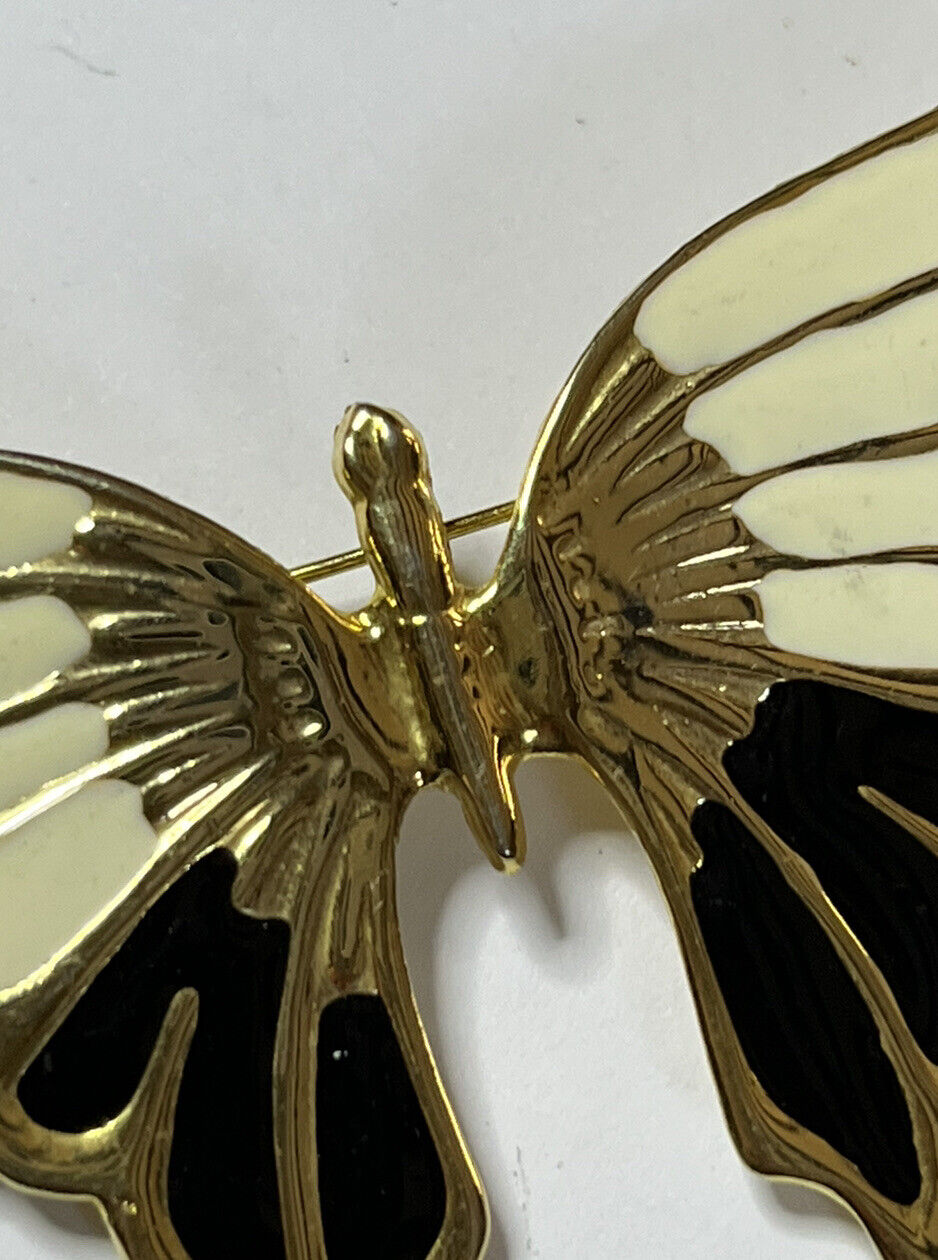 Vintage Gold Tone Enamel Black Cream Large Butterfly Brooch