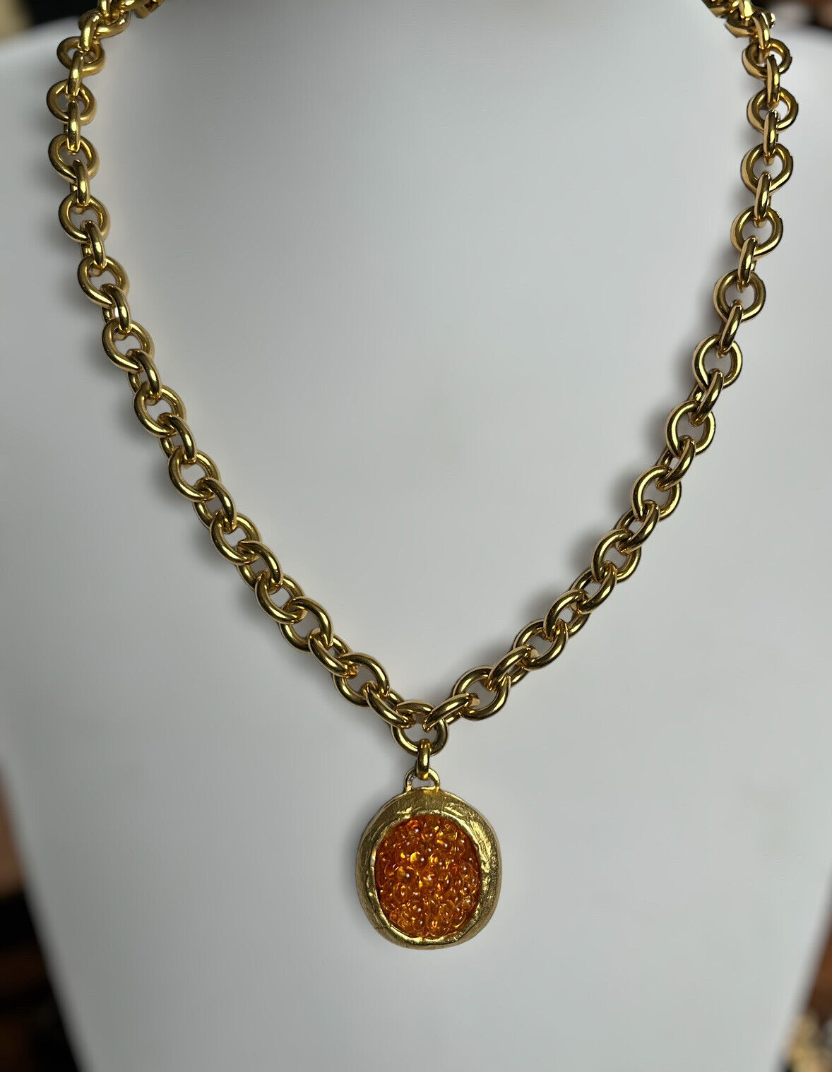 Vintage French Designer Remi Dis Paris Orange Gold Tone Statement Necklace