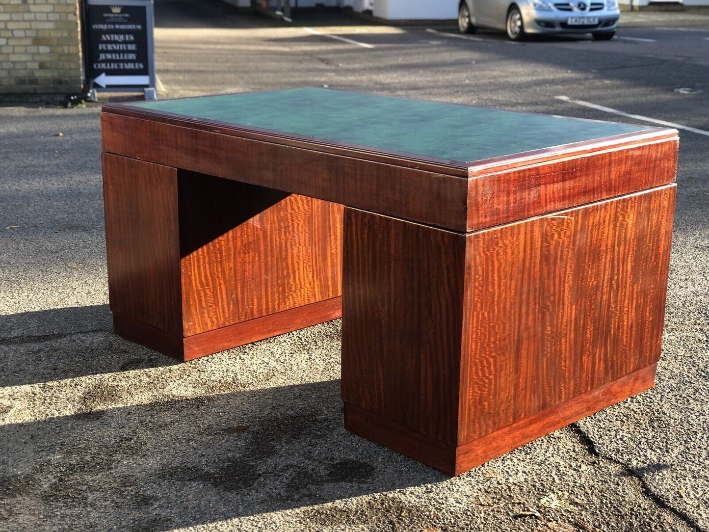 Mahogany Pedestal Desk, Brass Handles, New Green Top. LARGE IN SIZE