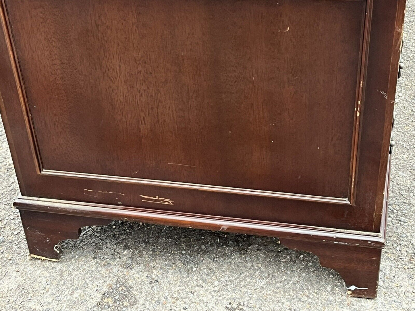 Pedestal Desk In Flame Veneer Mahogany With Green Leather Top.