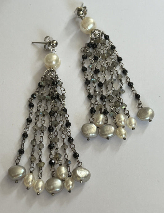 Honora Pearl Silver 925  Natural Stone Long Drop Earrings Boxed