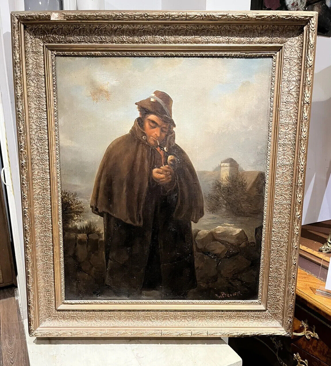 Victorian Oil On Canvas “ Lighting A Pipe “ Signed Van Beaver