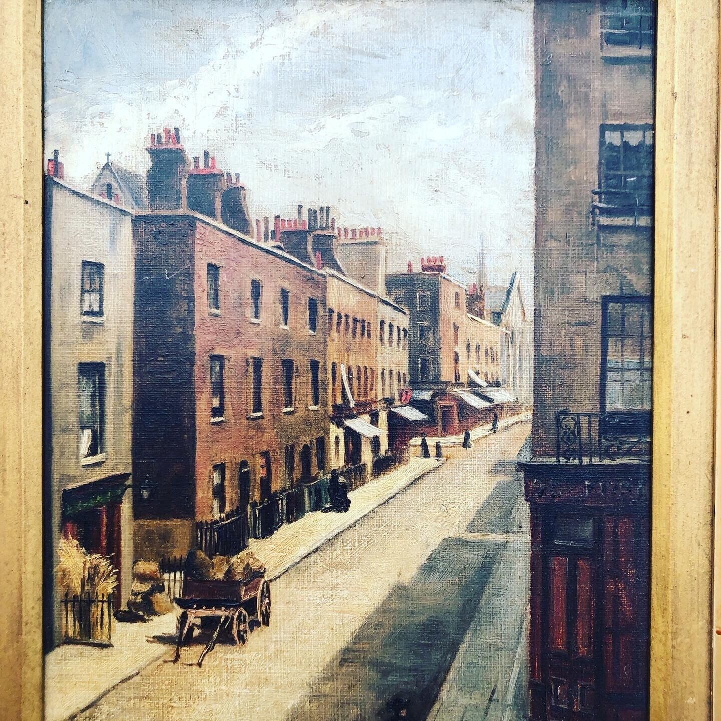 Victorian English Street Scene, Oil on board, Signed, In Gilt Frame.