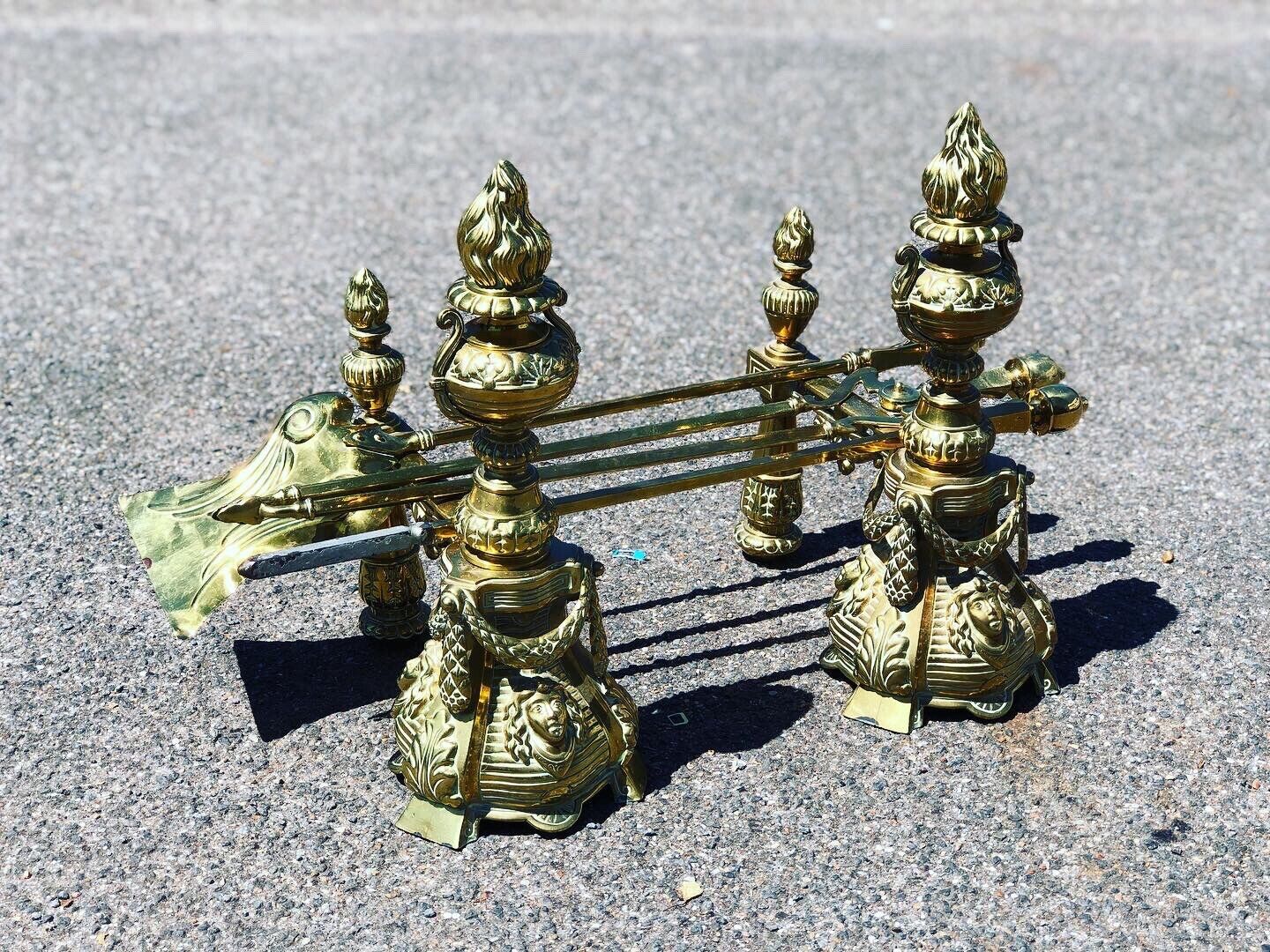 Victorian Brass Fire Tools & Fire dogs. Large And Exceptional Quality.