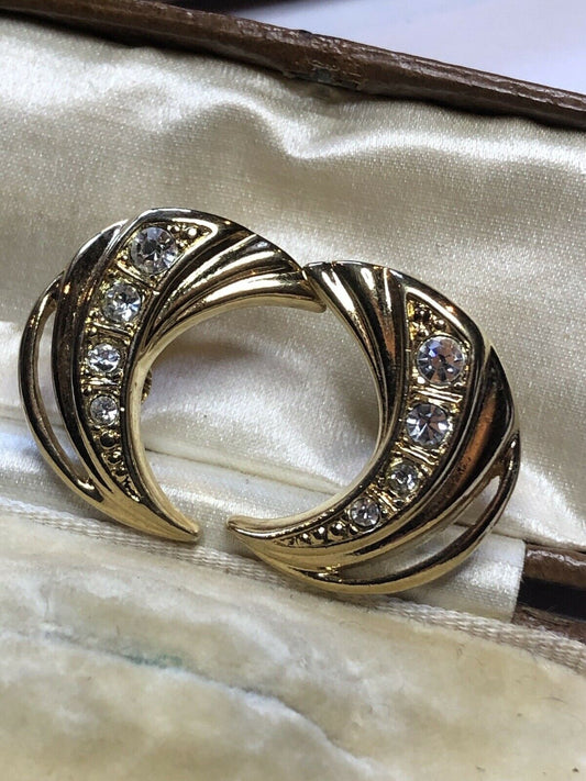 Vintage Gold Tone Diamanté Moon Clip On Earrings