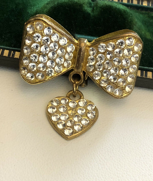 Vintage Gold Tone Diamanté Bow Heart Dangle Brooch