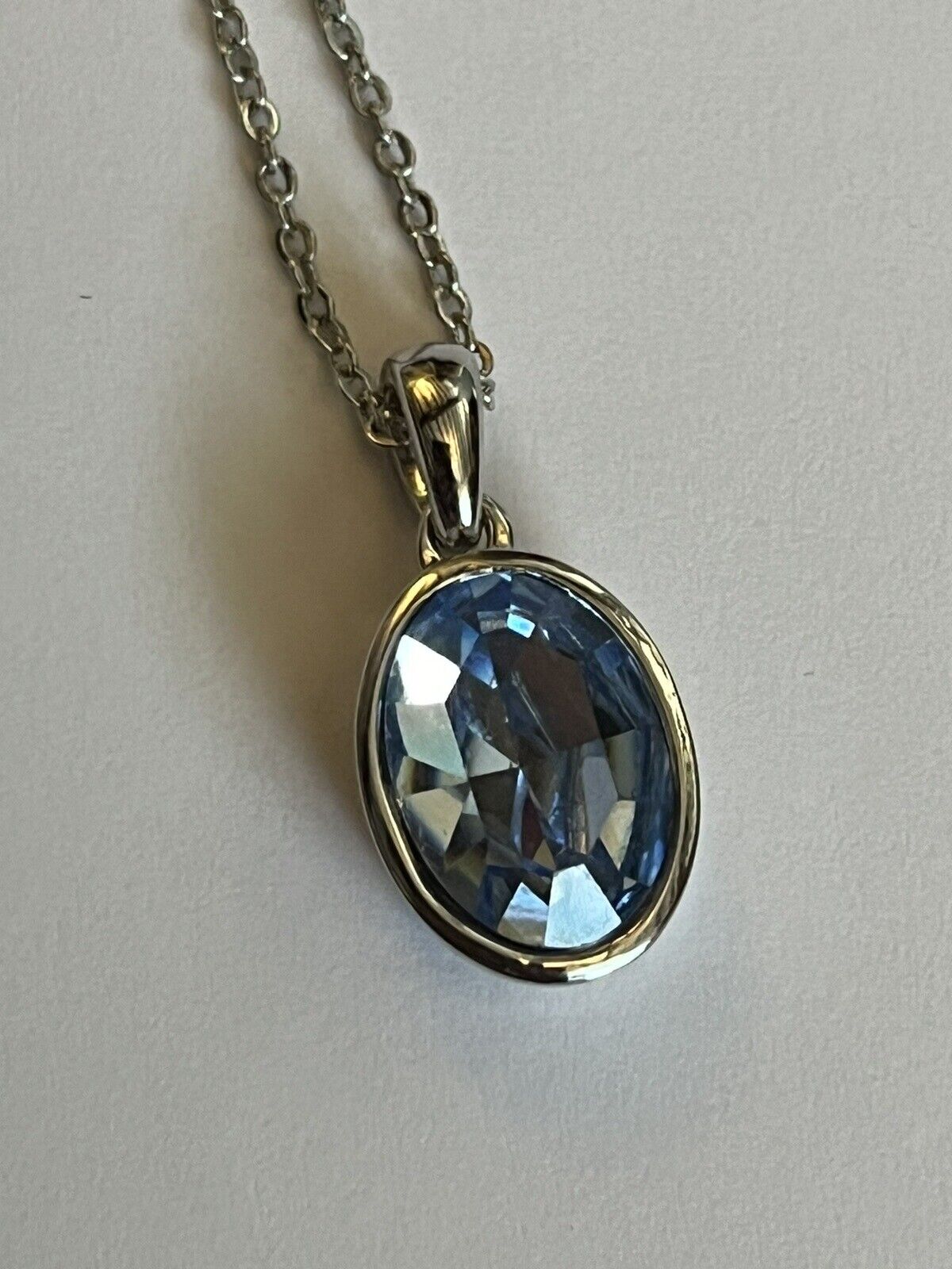 Vintage 1980s Rhodium Plated Blue Solitaire Crystal  Necklace New Old Stock