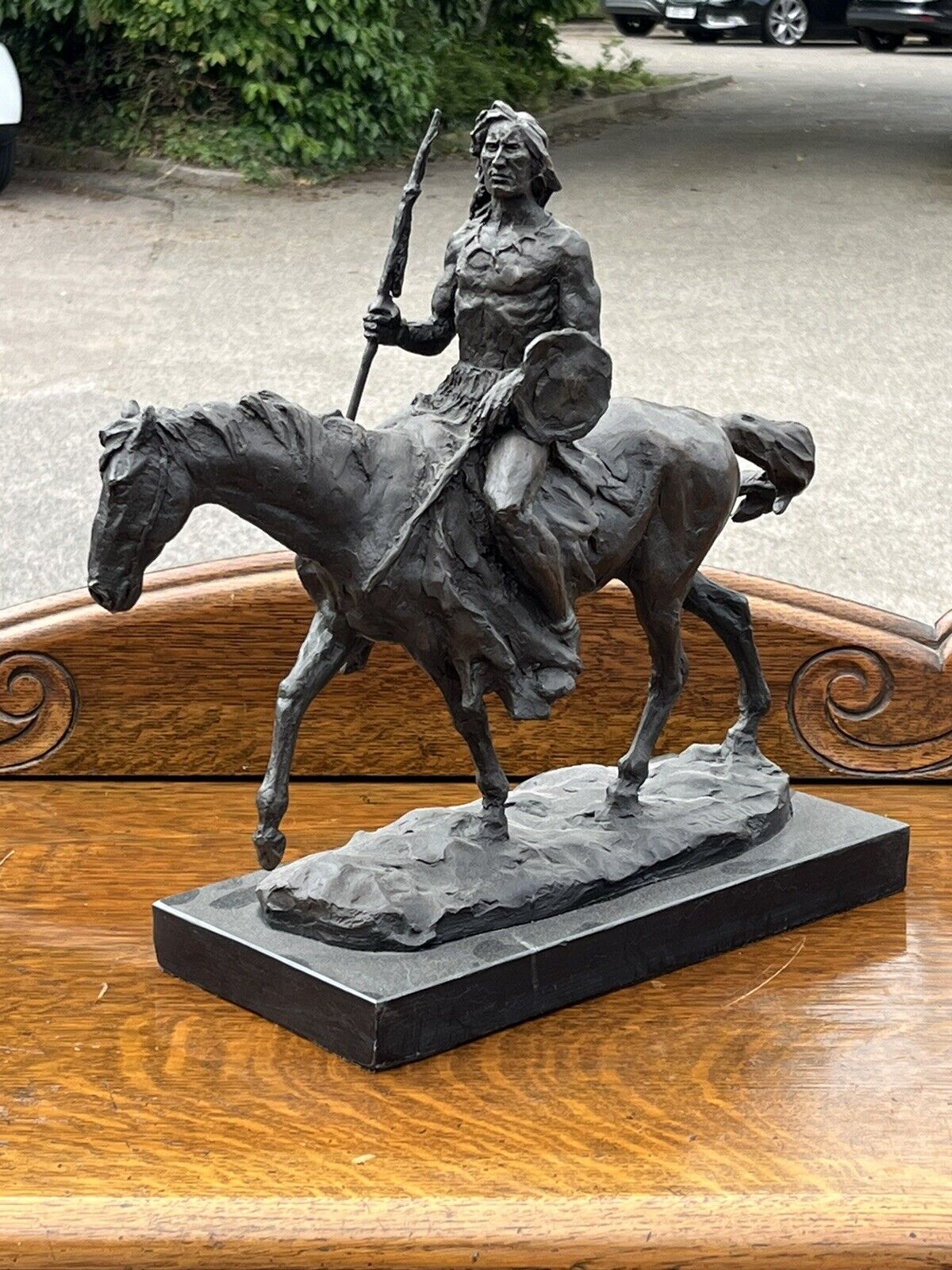 Bronze Indian Warrior Chief On Horseback, Signed On Base. Large In Size.