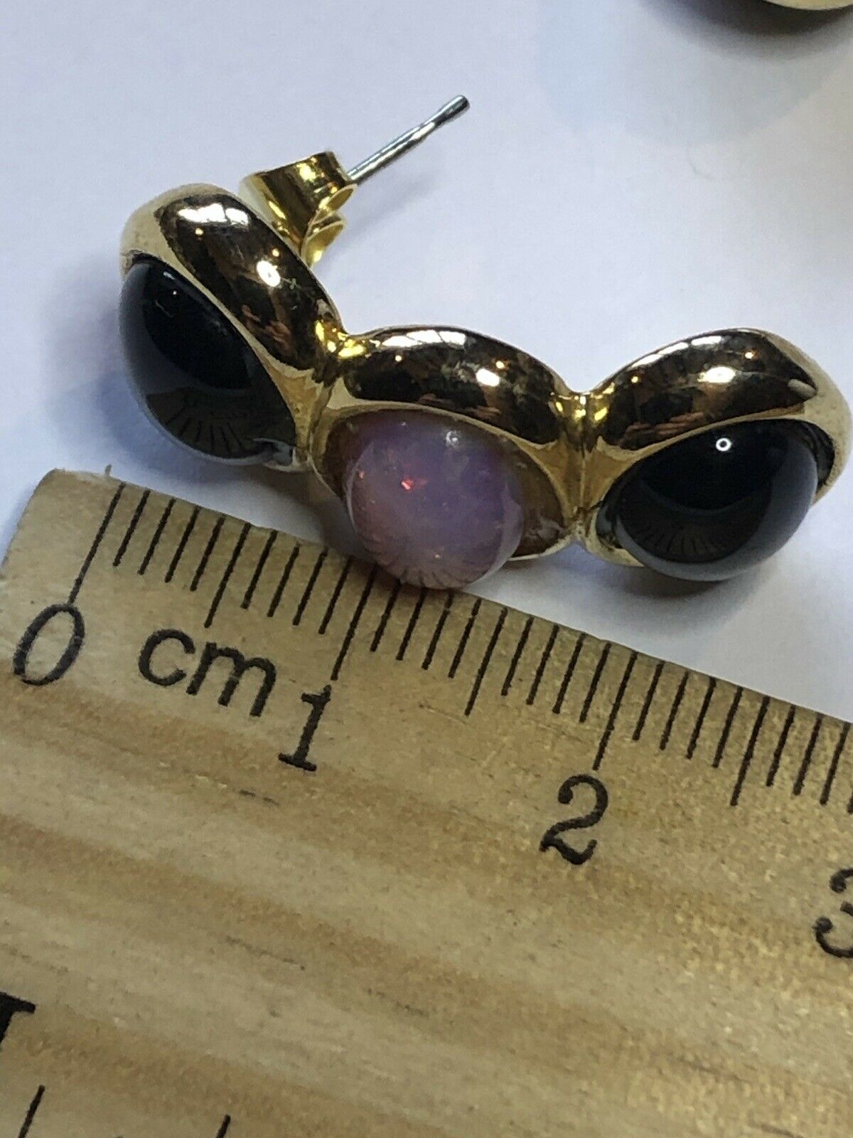 Vintage Gold Tone Foiled Back Black Stone Pierced Earrings