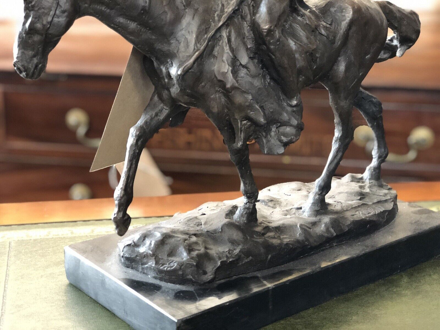 Bronze Indian Warrior Chief On Horseback, Signed On Base. Large In Size.