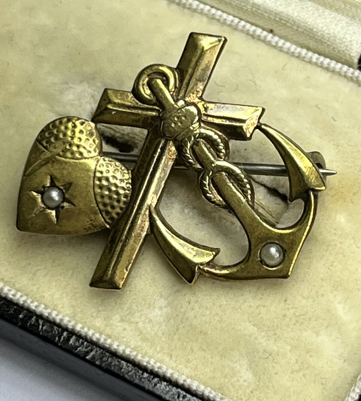 WW1 German Naval Sweetheart Faux Pearl Anchor Cross Heart Brooch