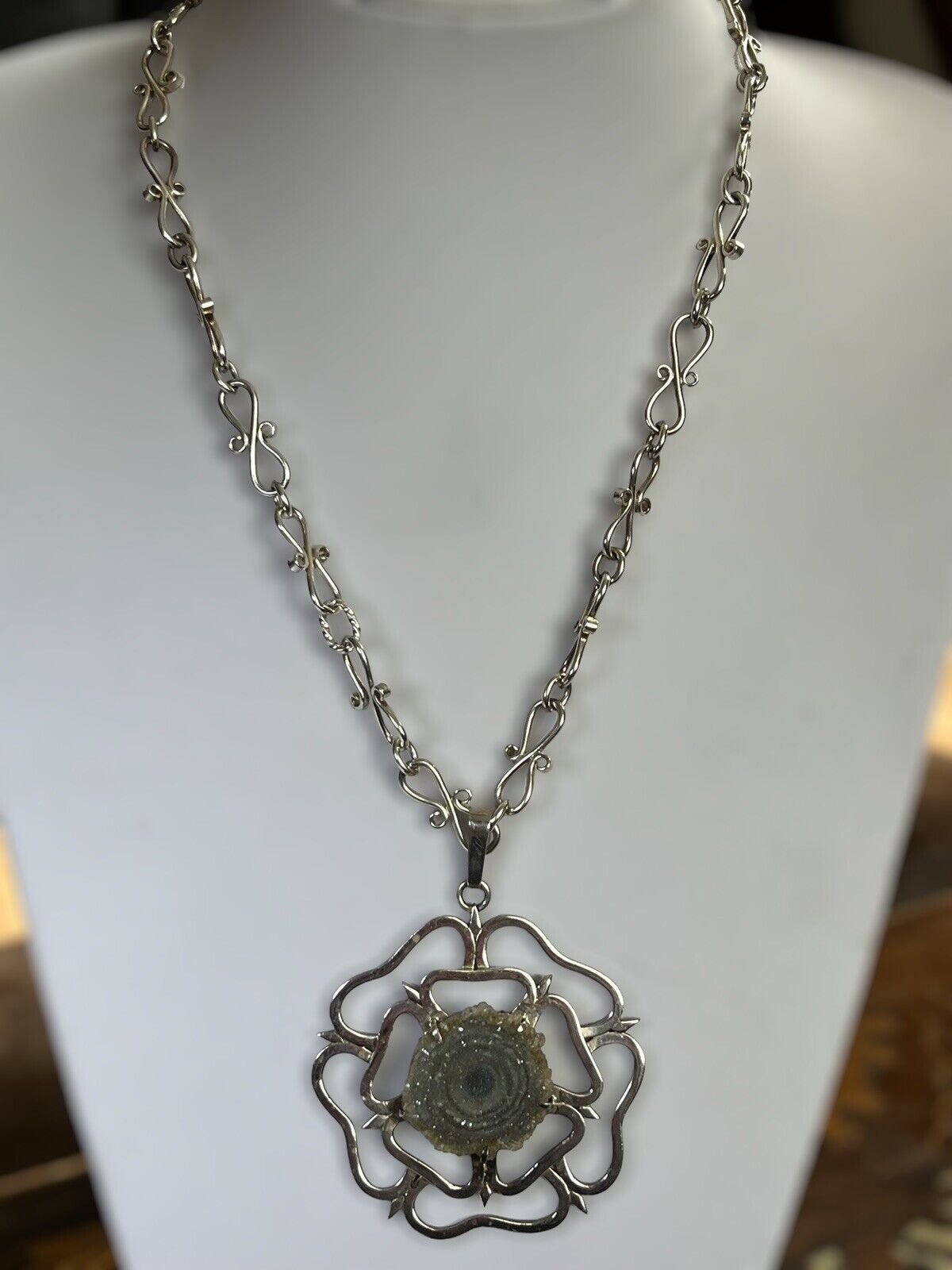 Vintage Silver 925 Statement Flower Geode Unique Chain Necklace 65g