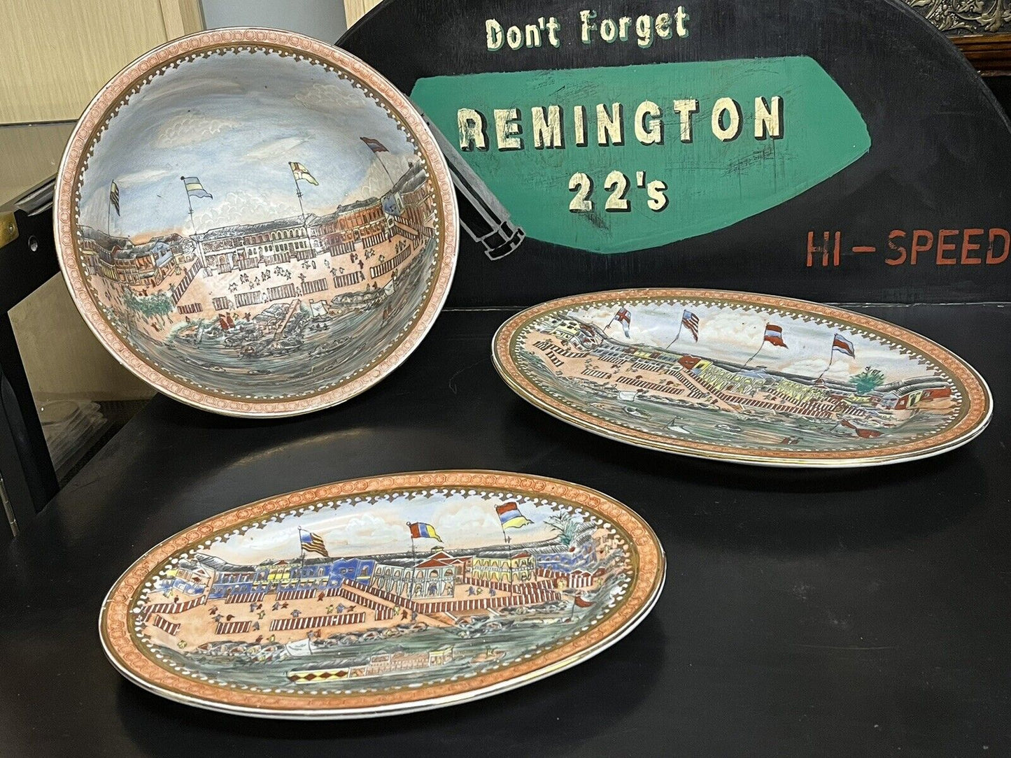 Large Chinese Bowl & 2 Plates Decorated Inside And Out With Coastal Scenes