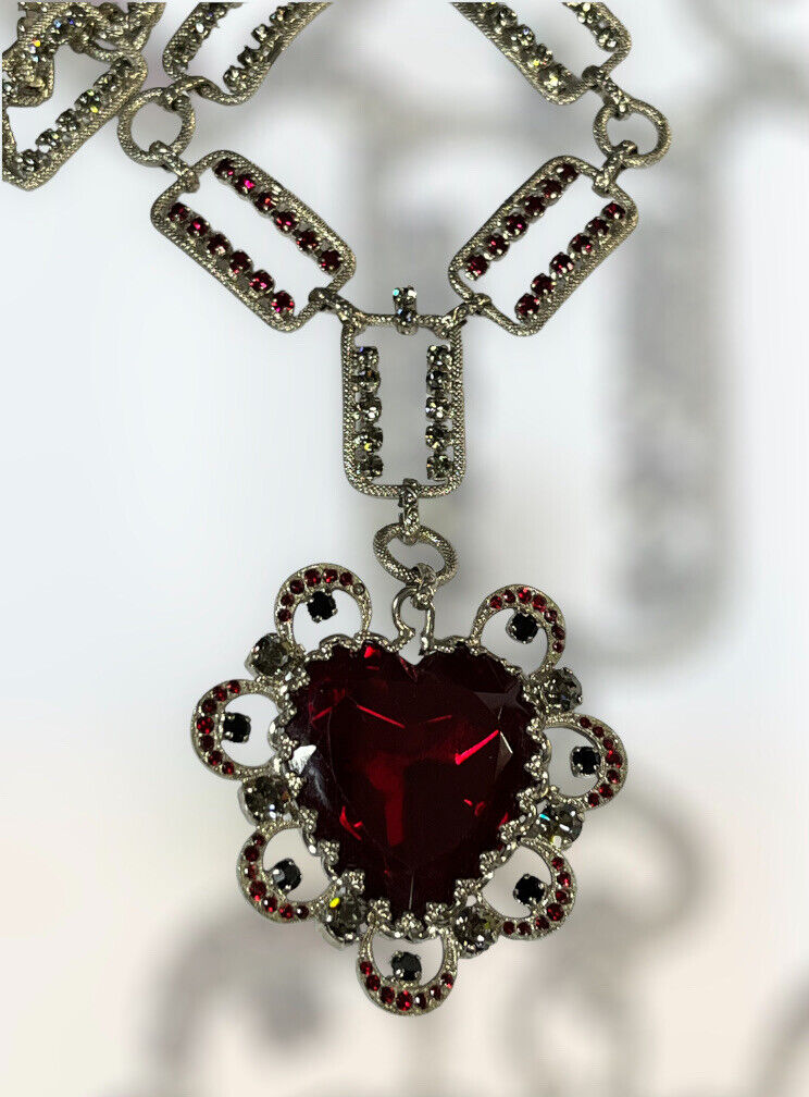 Vintage Statement Runway Red Clear Diamanté Heart On Chain Necklace