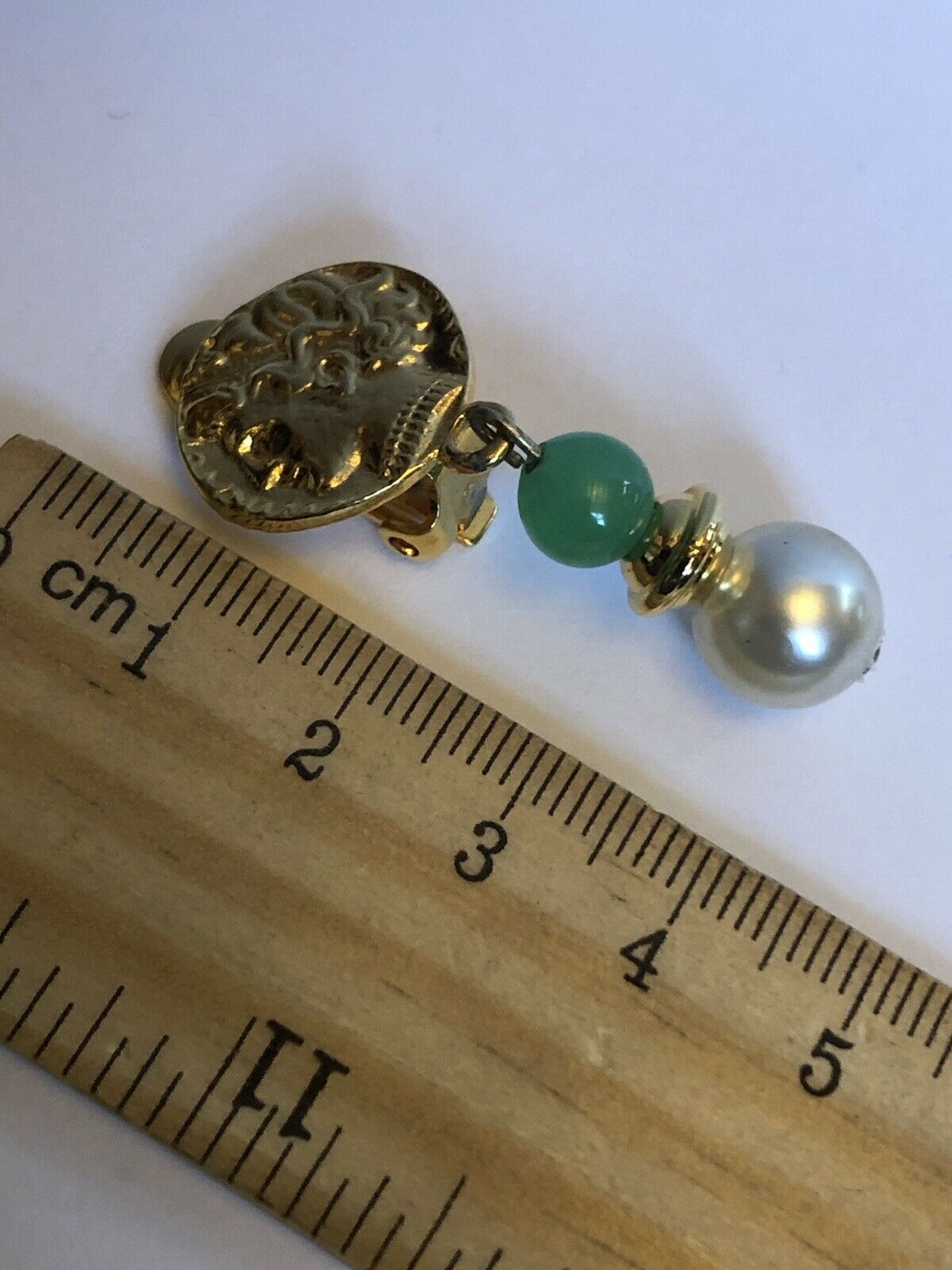 Vintage Gold Tone Green Stone Faux Pearl Etruscan Drop Earrings