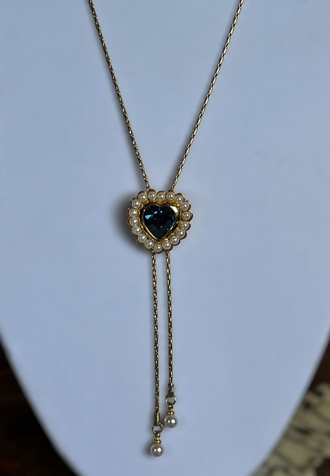Vintage Faux Pearl Blue Heart Diamanté Adjustable Necklace