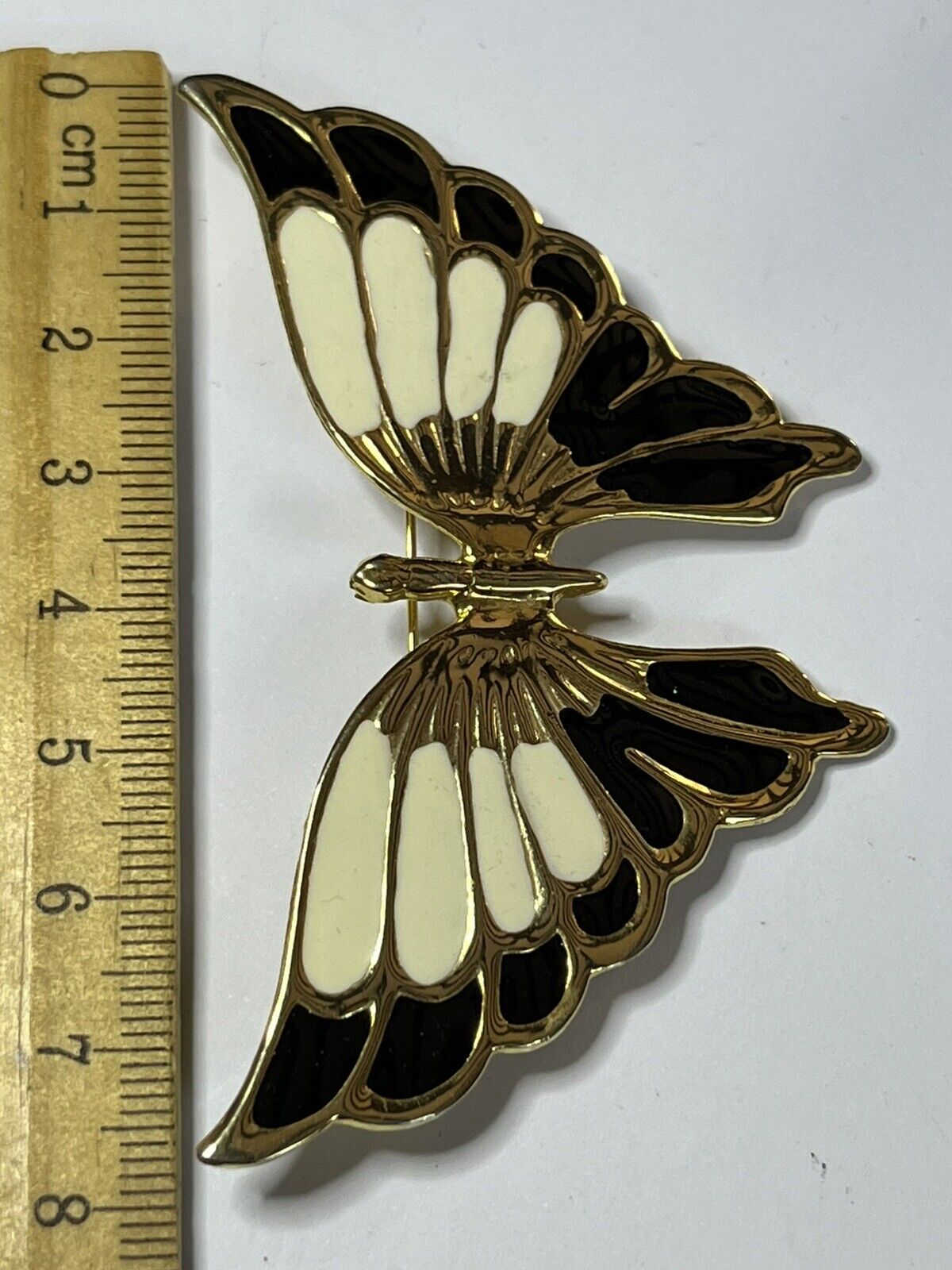 Vintage Gold Tone Enamel Black Cream Large Butterfly Brooch