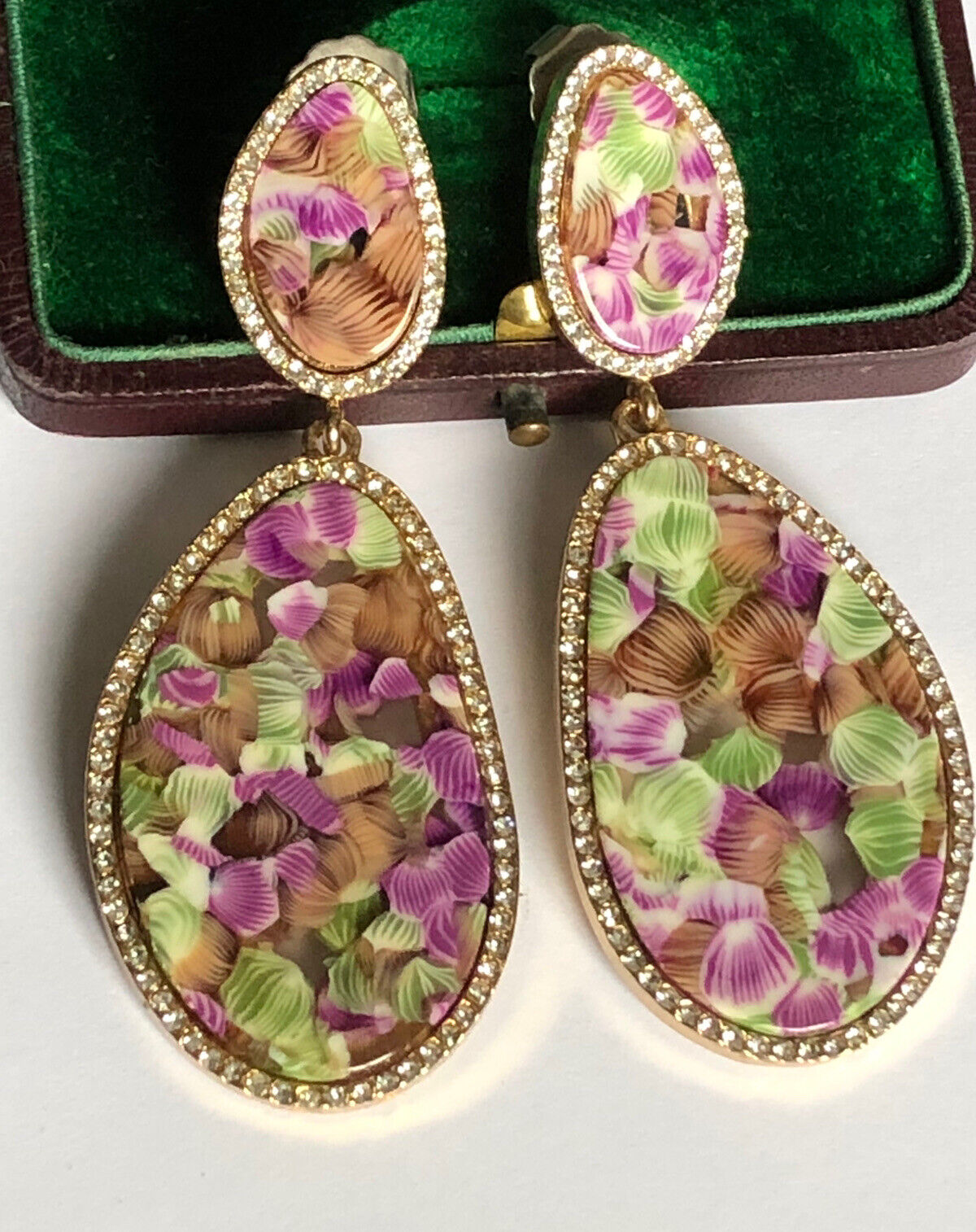 Vintage Statement Pink Green Resin Diamanté Earrings