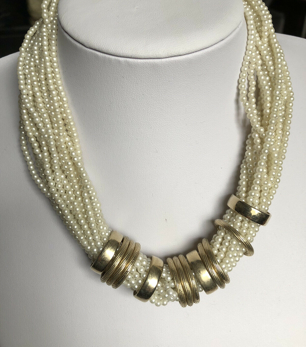 Vintage Multi Strand Faux Pearl Gold Tone Necklace