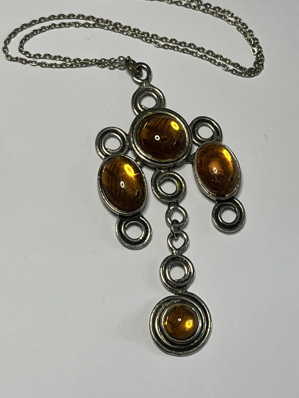 Vintage Burnt Orange Cabochon Stone Drop Statement Pendant Necklace