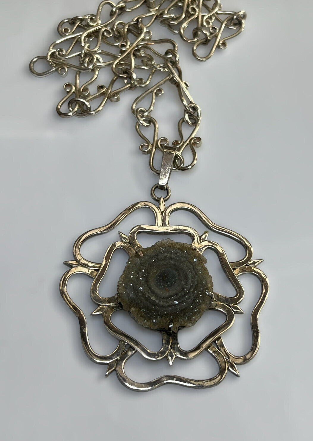 Vintage Silver 925 Statement Flower Geode Unique Chain Necklace 65g