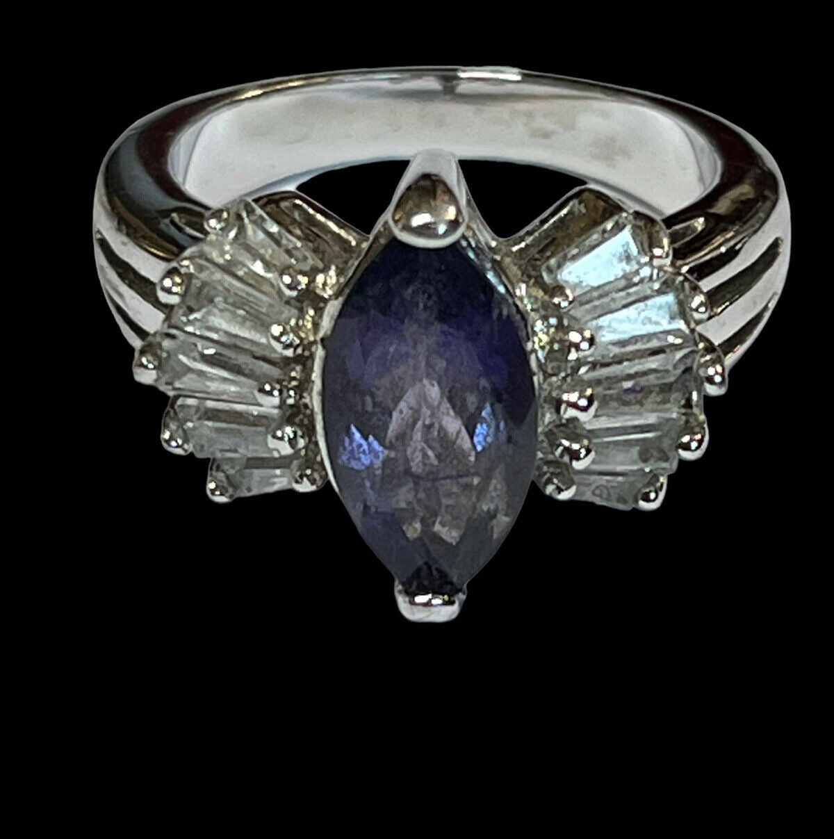 Vintage Silver Tone Purple Clear Stone Ring Size L