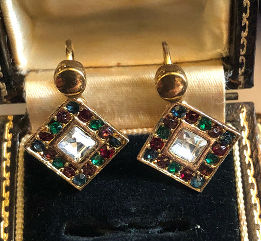 Vintage Gold Tone Green Red Diamanté Earrings