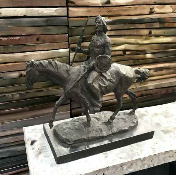 Bronze Indian Warrior Chief On Horseback, Signed On Base. Large In Size.