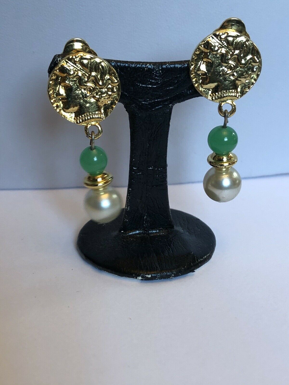 Vintage Gold Tone Green Stone Faux Pearl Etruscan Drop Earrings