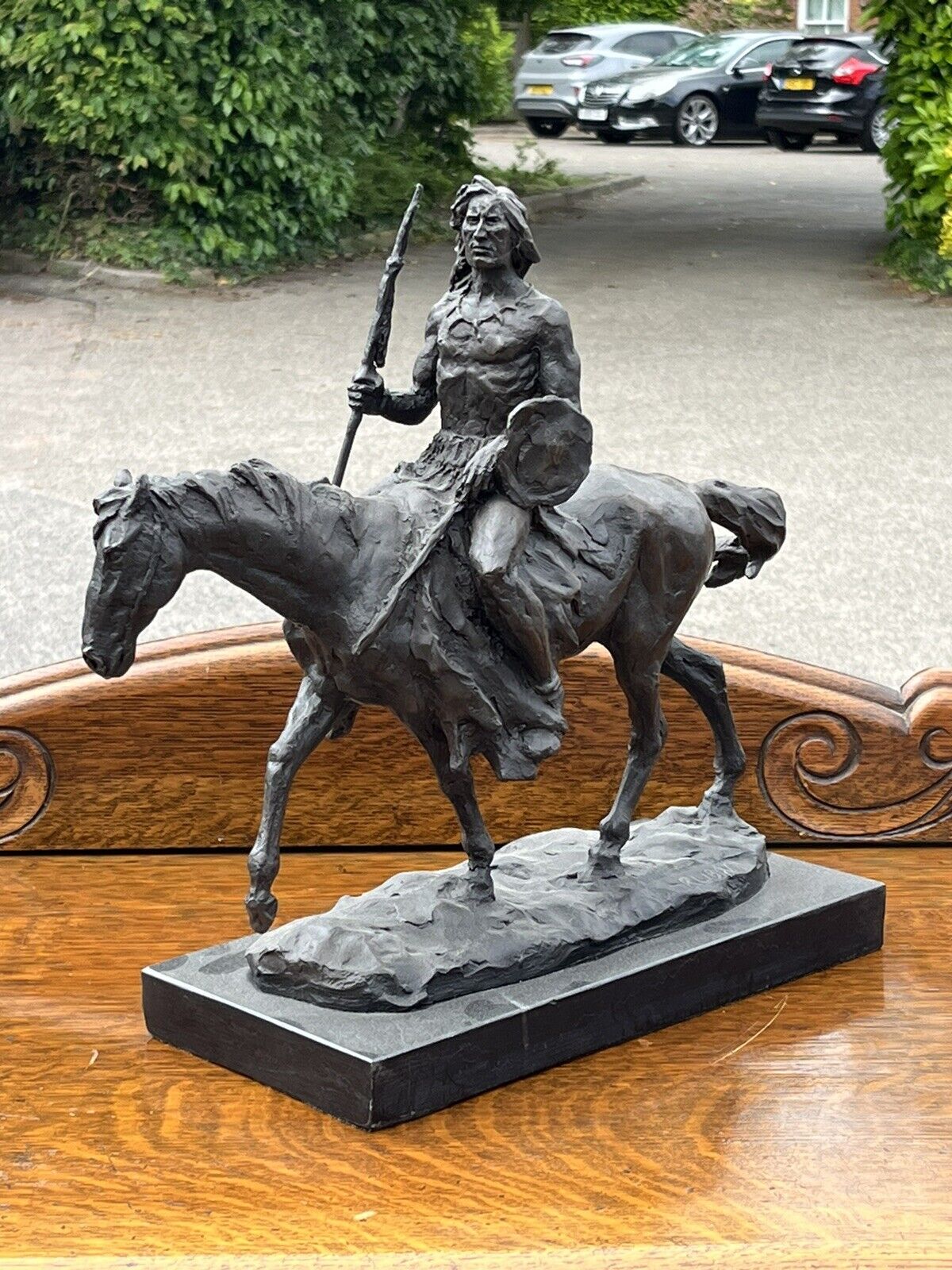 Bronze Indian Warrior Chief On Horseback, Signed On Base. Large In Size.