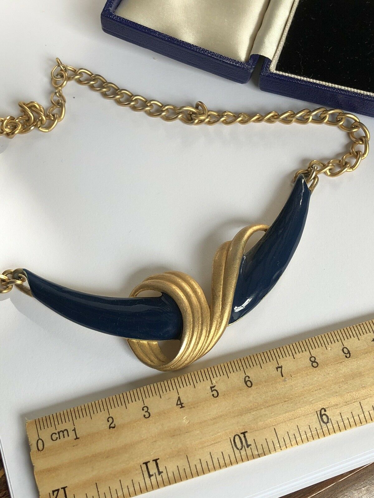 Vintage Matt Gold Tone Blue Enamel Stylised Necklace