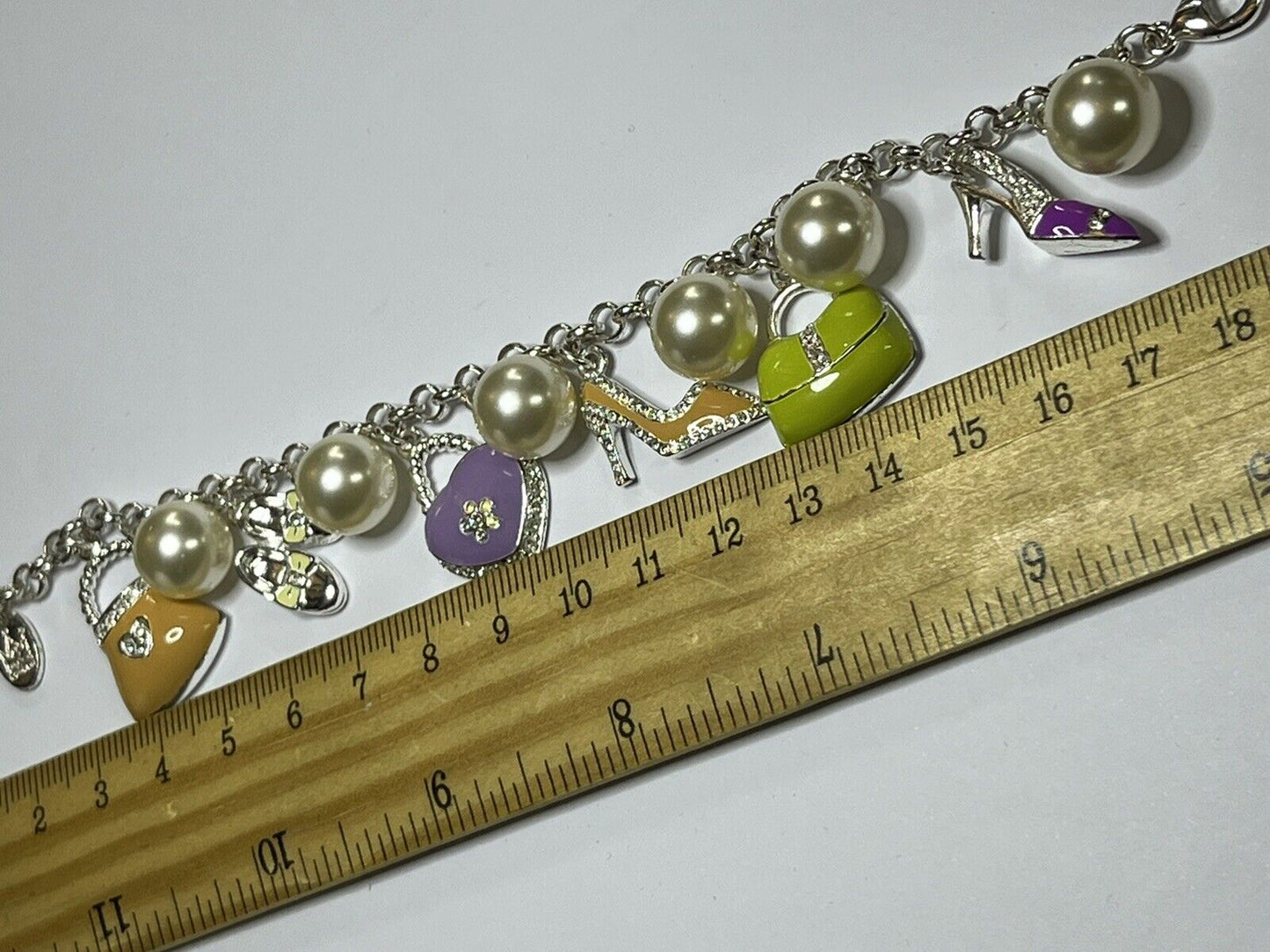 Vintage Signed Silver Tone Enamel Shoes Bag Charm Bracelet