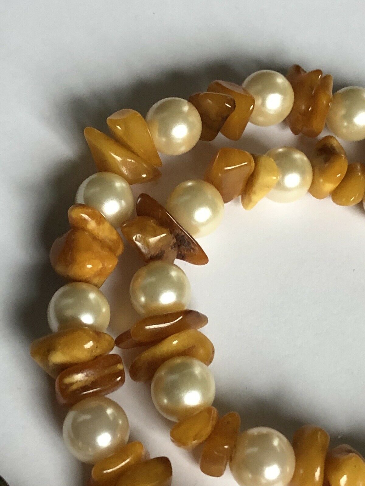 Vintage Faux Pearl Butterscotch Amber Long Length Necklace