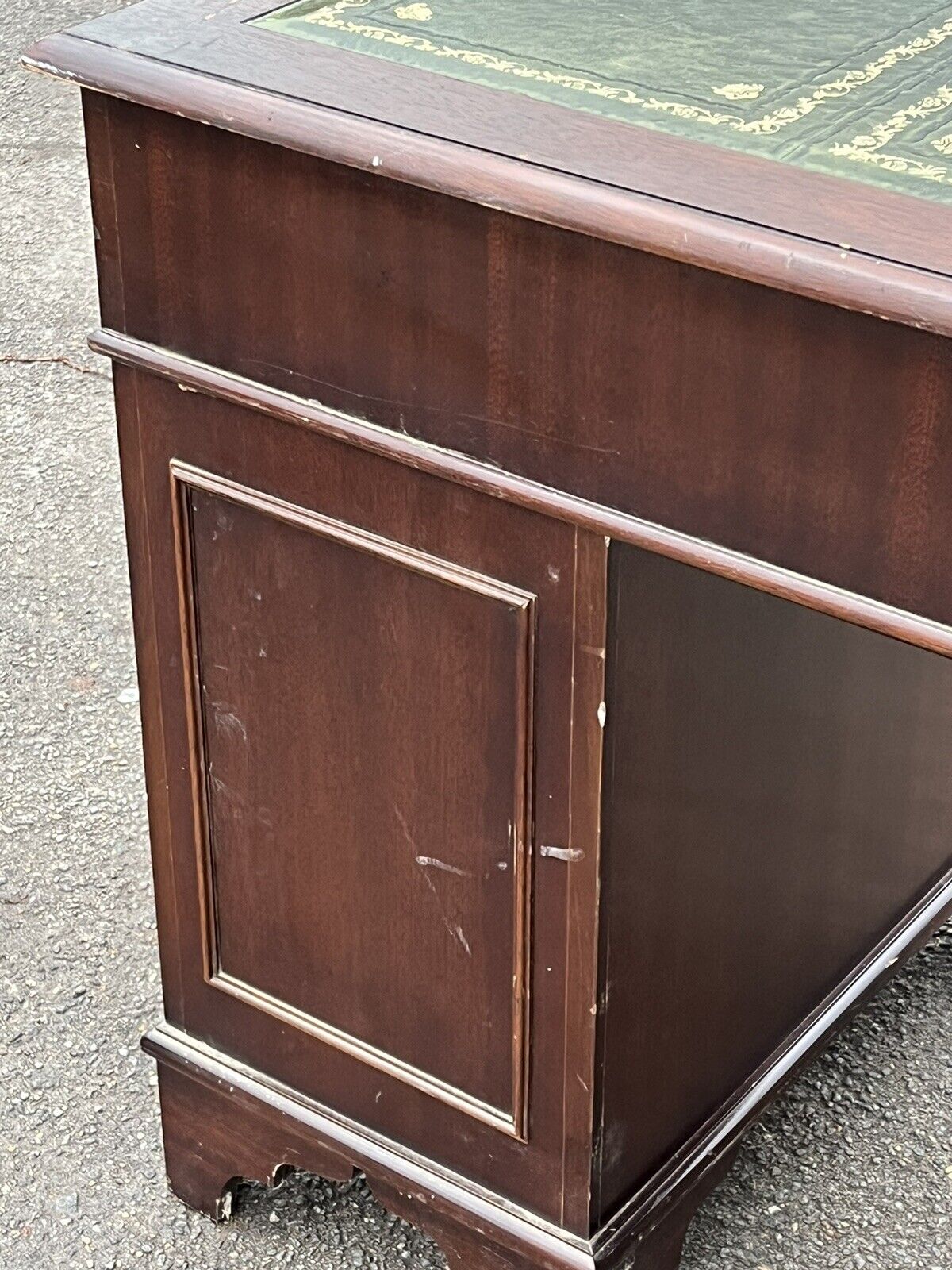 Pedestal Desk In Flame Veneer Mahogany With Green Leather Top.